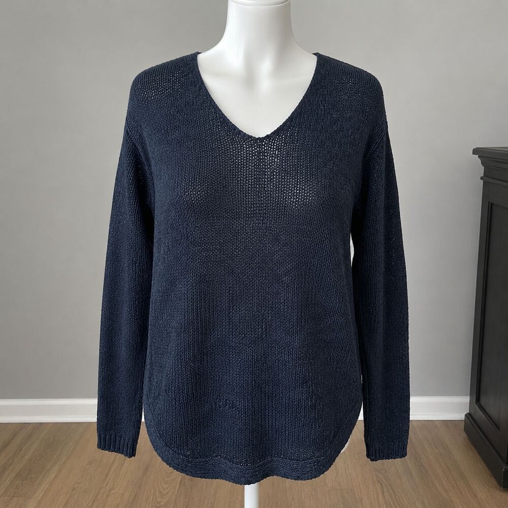 Alya Open Knit V-Neck Sweater M Navy Blue Elbow Patches Dark Academia Preppy
